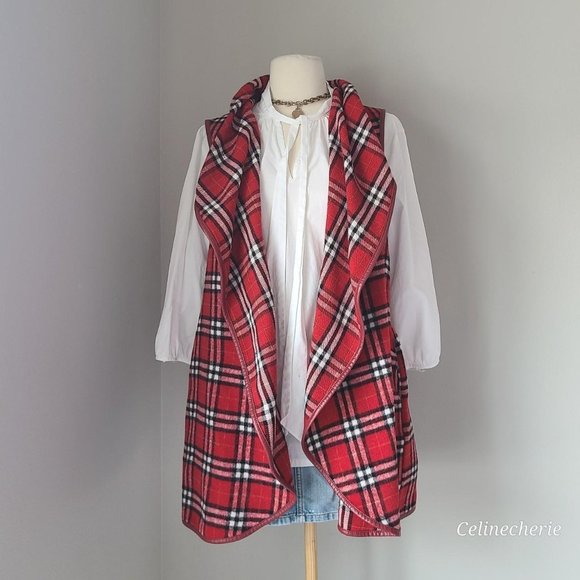 Boutique Red Plaid Buffalo Check Vest - Picture 1 of 4